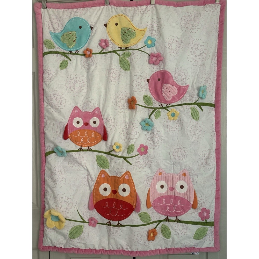 Nojo Owl Love Baby Crib Blanket Owls Birds Pink Flowers Textured‎ 42"x32"